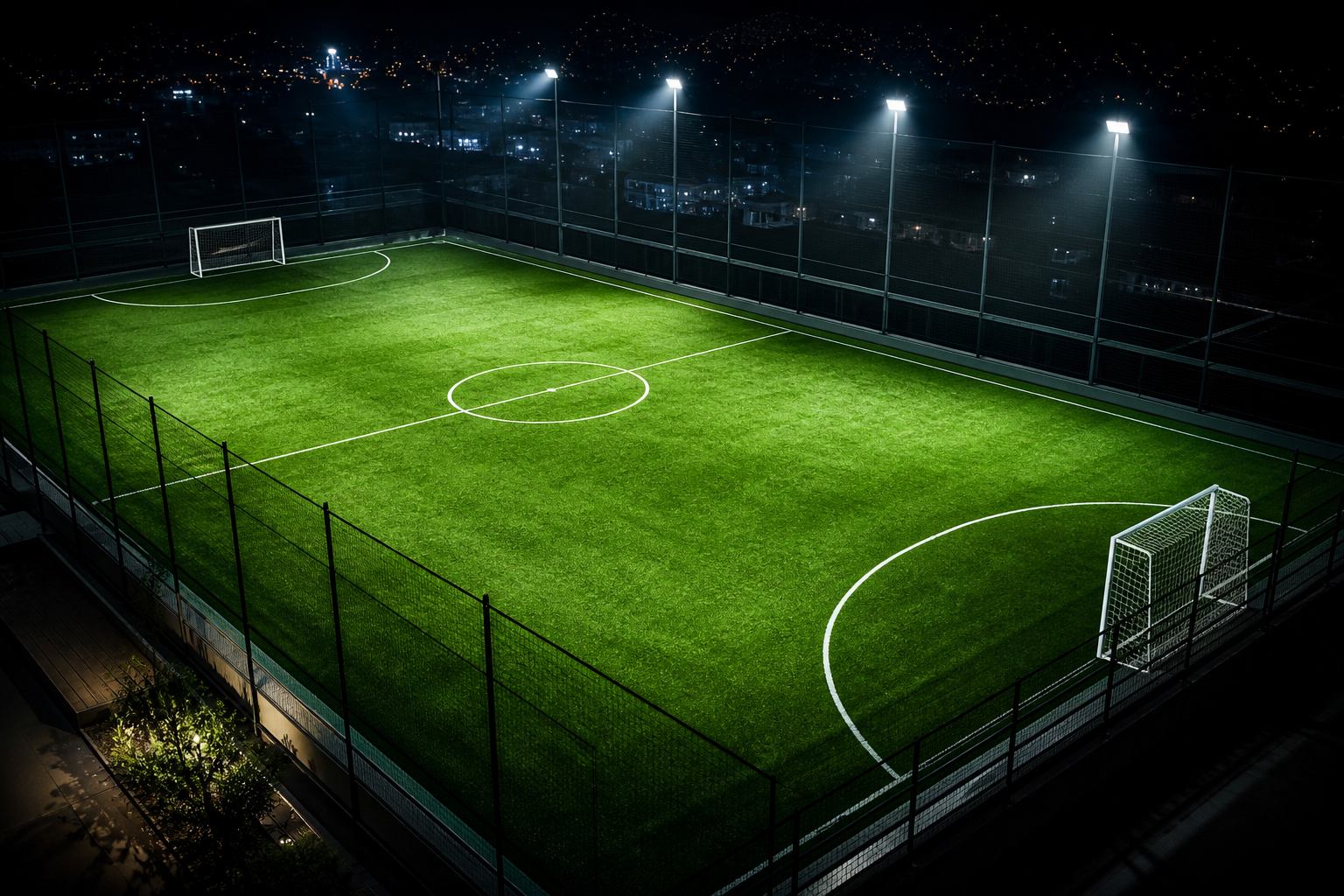 Cancha de fútbol 5 iluminada de noche lista para reservar en Colombia
