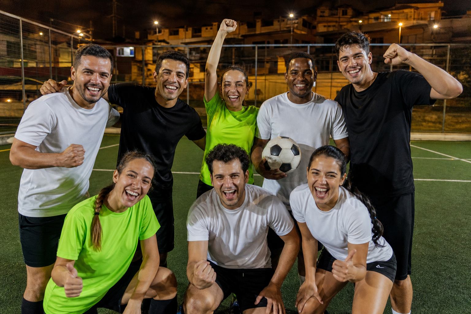 Jugadores de fútbol 5 celebrando en una cancha urbana